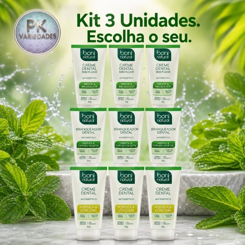 KIT 3 UNIDADES CREME DENTAL BONI NATURAL 90G CADA(ESCOLHA O SEU)
