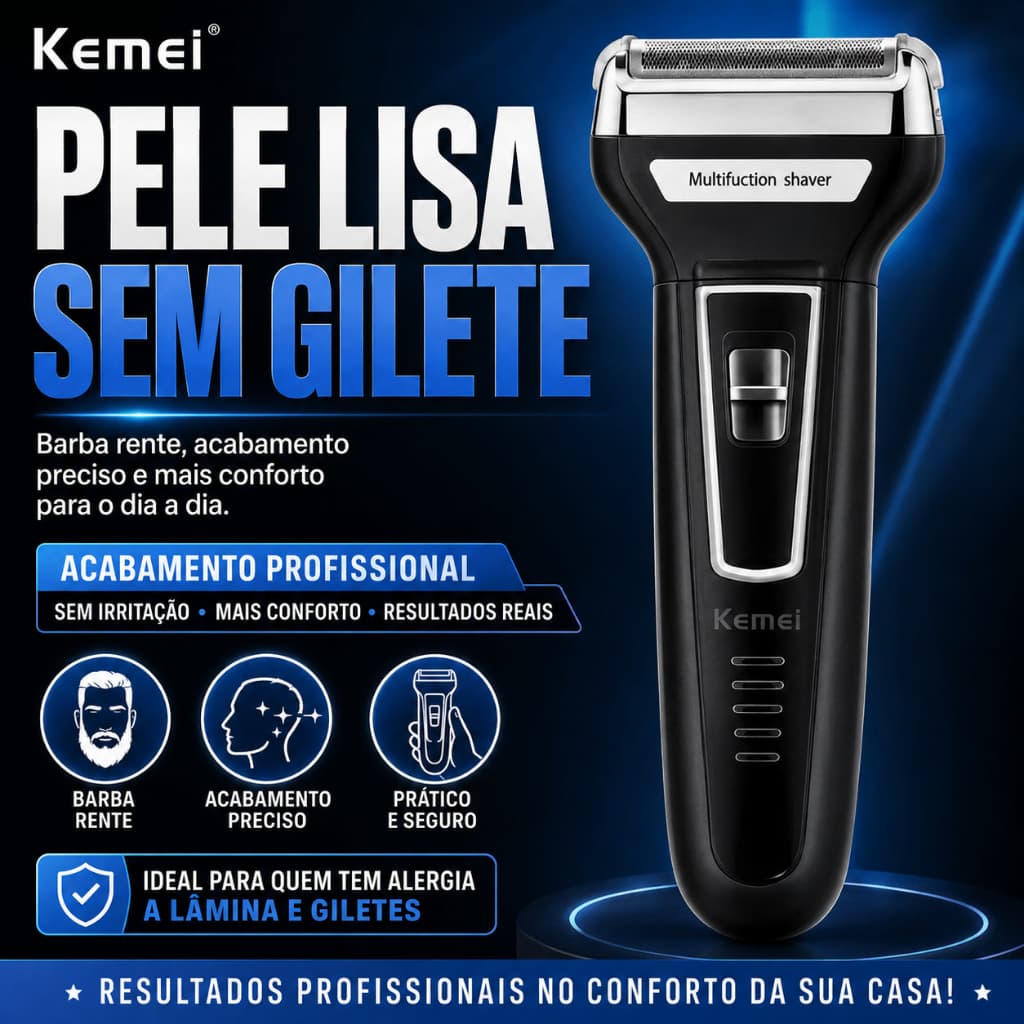 Máquina de Barbear Kemei 3 em 1 Shaver Aparador Nariz Cortador Cabelo Recarregável Bivolt