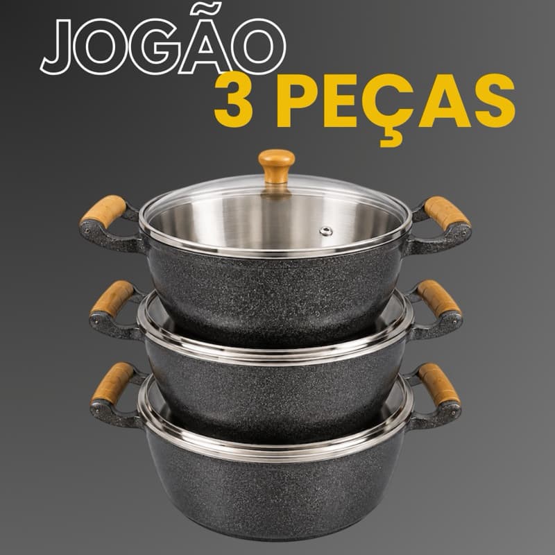 Jogo de 3 Panelas Grandes em Alumínio Batido Grosso 26/30 Preto Craqueado