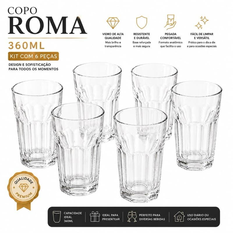 Kit 6 Copos de Vidro Roma 360ml Premium | Resistentes e Elegantes