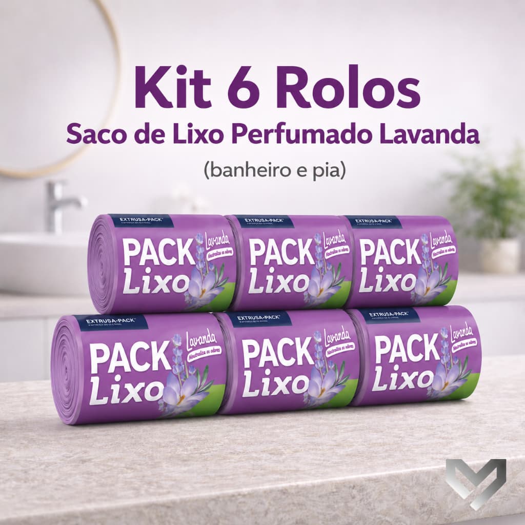 Kit 6 Rolos Saco Lixo 8L Lavanda 240 Unidades 34x38 Resistente Perfumado Banheiro Pia Cozinha Neutraliza Odores
