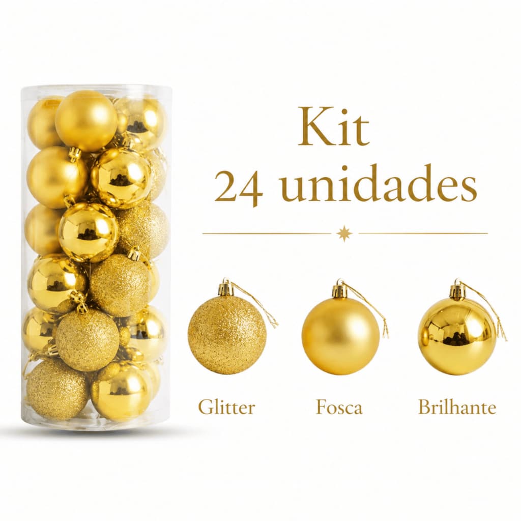 Kit Bolinhas de Natal 24 Unidades Enfeite Para Arvore 6cm Dourada Glitter, Brilhante e Fosca
