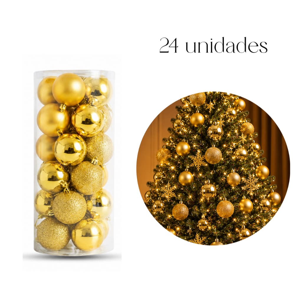 Kit Bolinhas de Natal 24 Unidades Enfeite Para Arvore 6cm Dourada Glitter, Brilhante e Fosca
