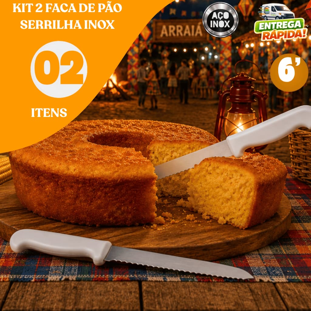 Kit 02/04/06 Faca Serrilhadas Inox Pão Bolo Torta Festa Junina Multiuso Restaurante Cozinha Familia