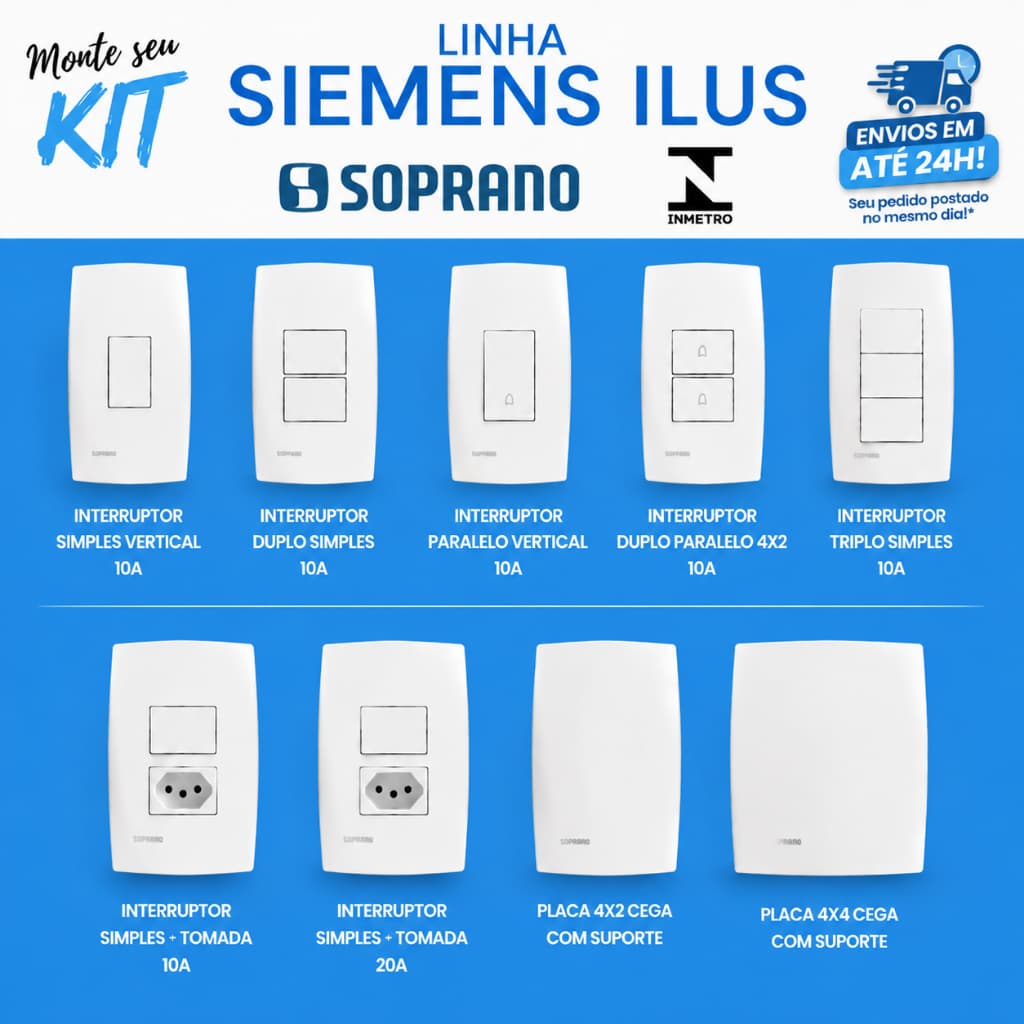 Tomadas e Interruptores Simples 10A e 20A – Linha Soprano Siemens Ilus