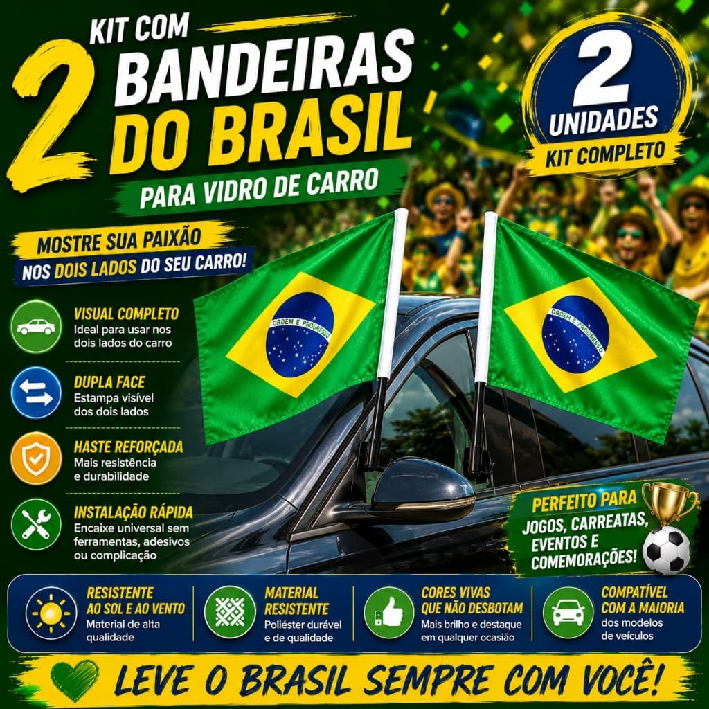 Kit 2 Bandeiras Brasil Para Carro Copa Do Mundo Seleção Brasileira Dupla Face