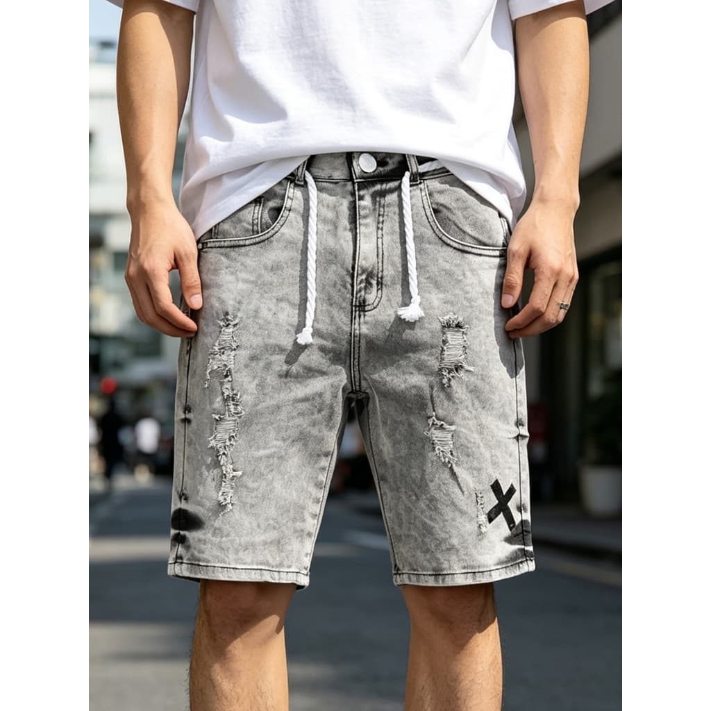 Tung Jeans Cinza Bermuda Jeans Masculina Slim Rasgada com Cordão na Cintura 30 ao 42