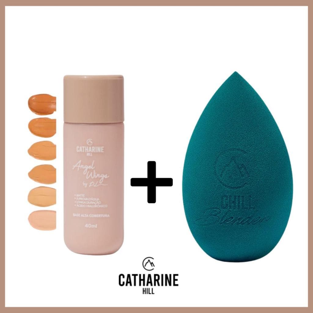 Kit Base Angel Wings Chatarine Hill + Esponja Blender Gota Alta Cobertura Efeito Matte Profissional