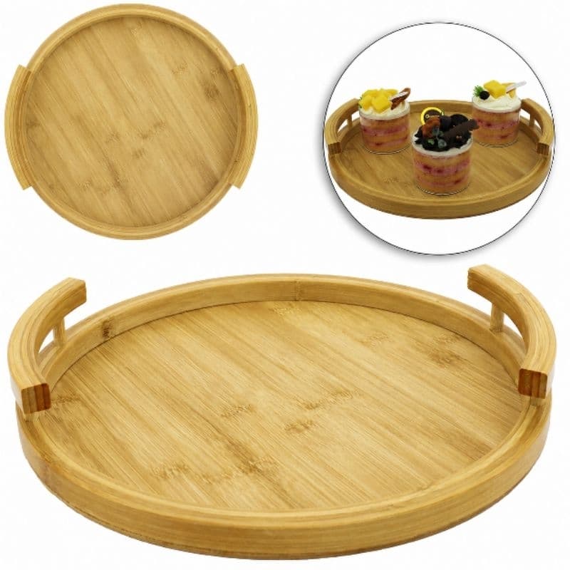 Bandeja Redonda de Bambu Natural com Alças para Café, Chá, Frutas, Doces e Mesa Posta Decorada