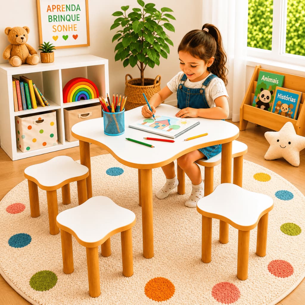 Kit Conjunto Infantil Mesinha e 4 Bancos DIdática Educativa Madeira MDF Fácil de Montar Resistente