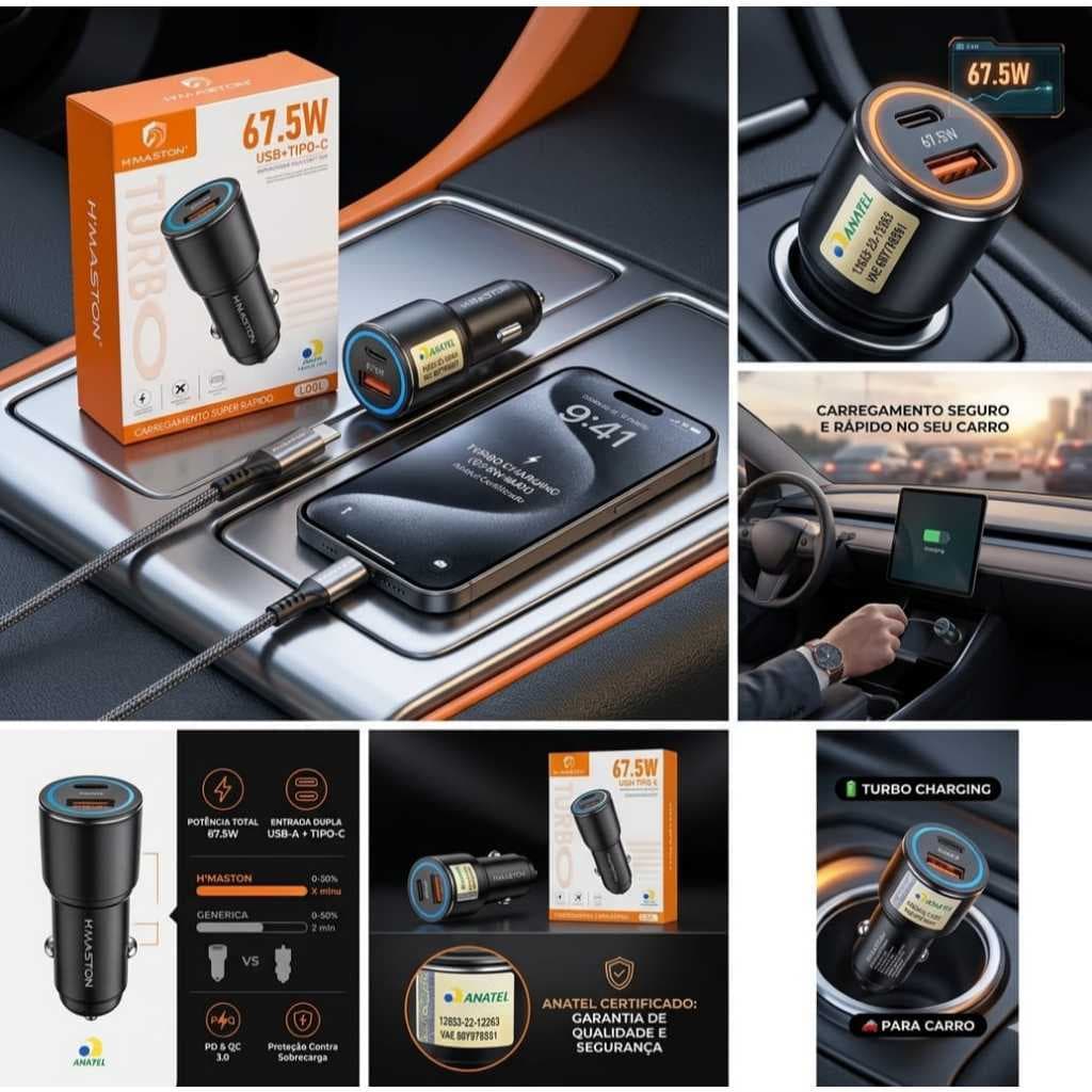 Carregador Veicular H"MASTON Tipo C + USB Turbo - Carregamento Rápido e Universal