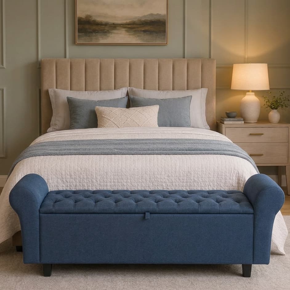 Baú Pufe Divã Paris Recamier Estofado Linho Premium Capitone 130/150 Cm Banco Organizador Cama Quarto Casal Queen - AV