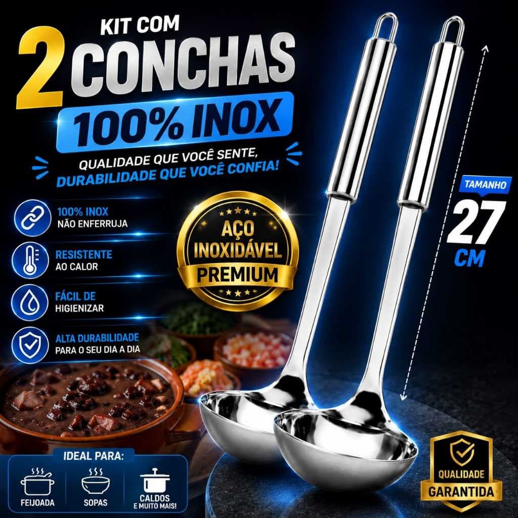 Kit Com 2 Conchas Para Cozinha Sopas Caldos Feijao 100 % Inox 27 Cm Resistente Conchas 27 cm