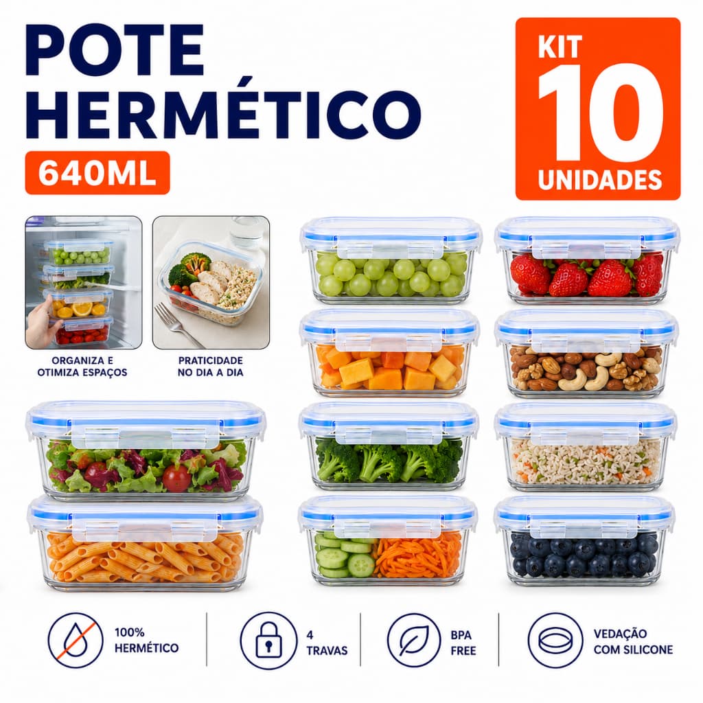 3, 5 ou 10 Potes de Vidro Herméticos 640ml - Marmita Fitness Tampa com 4 travas Ideal Para a Semana