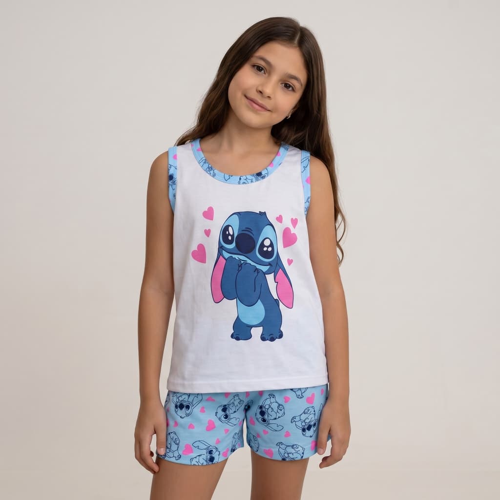 Pijama Feminino Infantil do Stitch Baby Doll Regata Menina Regata Personagem Verão