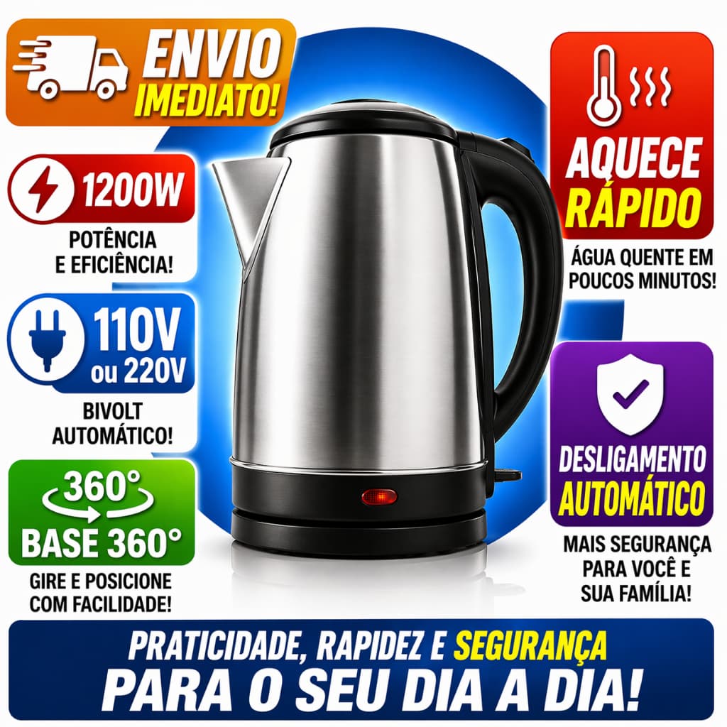 Chaleira Elétrica Inox 1.8L, Jarra ou Chaleira de Fogão com Apito – Desligamento Automático, Aquecimento Rápido