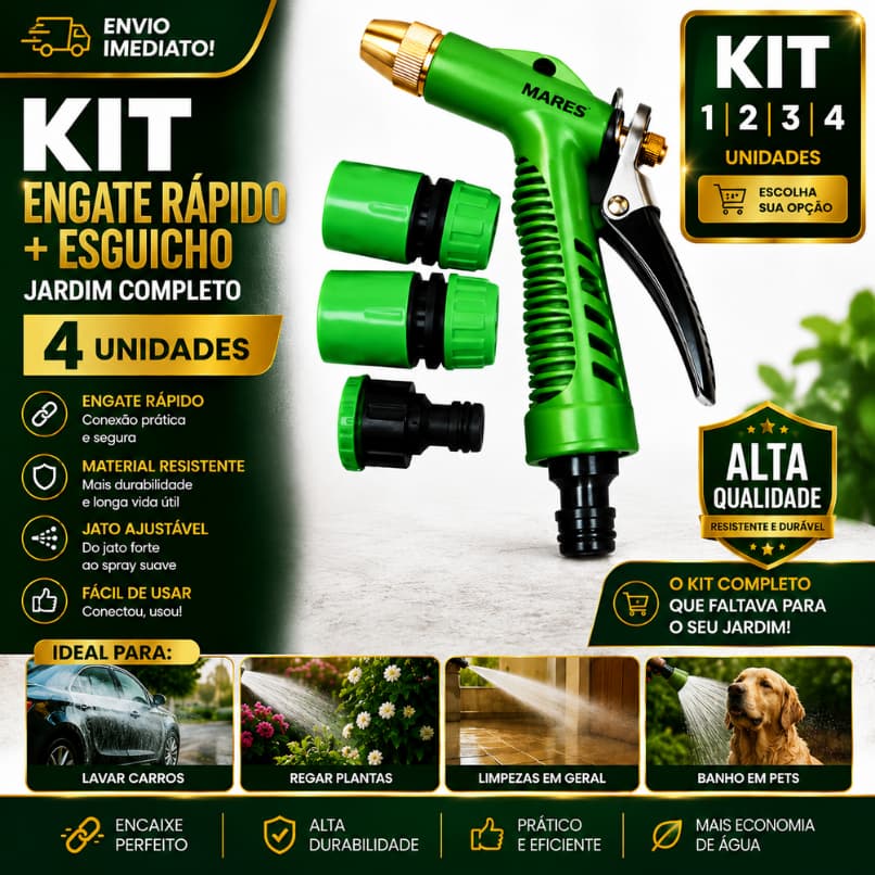 Pistola de Irrigação 1/2/3/4 Jardim com 4 Engates Rápidos Jato Regulável Mangueira Lavagem Carro Quintal Gramado