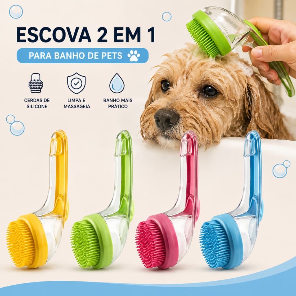 Escova Pet Banho 2 Em 1 Com Dispenser De Shampoo Para Cães e Gatos