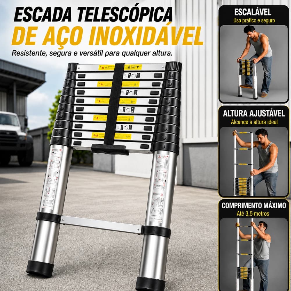 Escada Reta Alumínio Telescópica 3.5m - 9 Degraus Resistente e Portátil