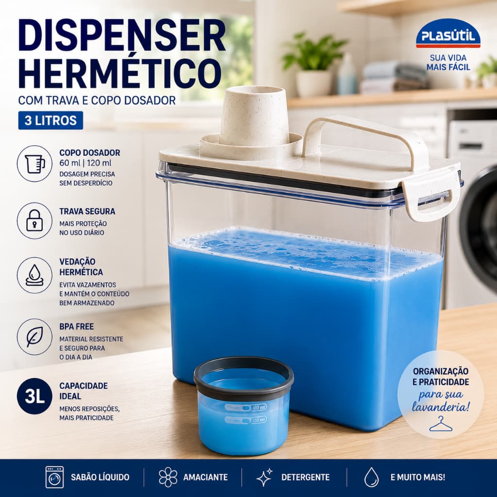 Dispenser Hermético 3L C/ Travas Bico Dosador Pote Organizador Sabão Amaciante Detergente Lavanderia