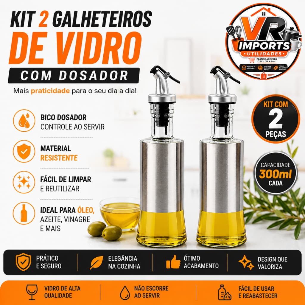Kit 2 Galheteiro Porta Azeite Vinagre Vidro 300ml Dosador Inox Elegante