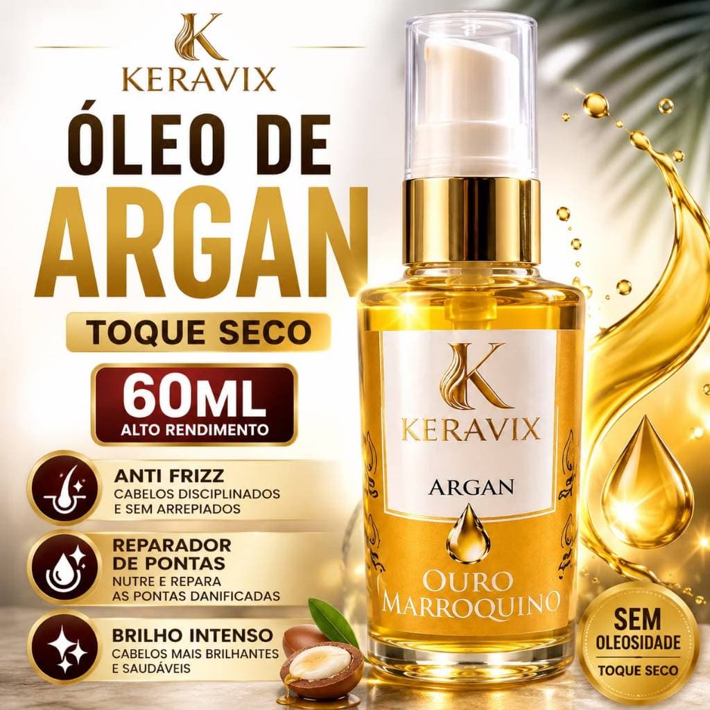 Óleo de Argan Keravix 60ml Anti Frizz Reparador de Pontas Toque Seco Sem Oleosidade