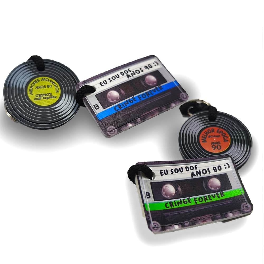 KIT 2 CHAVEIROS RETRO NOSTALGIA FITA CASSETE DISCO DE VINIL ANOS 80 E 90 EMBORRACHADO BOLSA MALA - ESCOLHA A COMBINAÇÃO