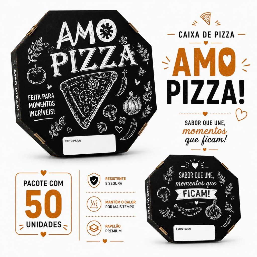 Caixa De Pizza Premium 35cm - Tematica Amo Pizza - 50 Unidades