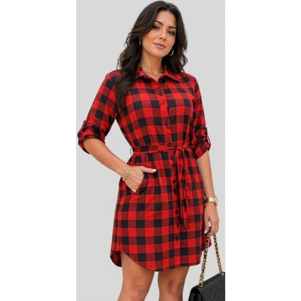 Vestido Xadrez Manga Longa com Fita para Amarração