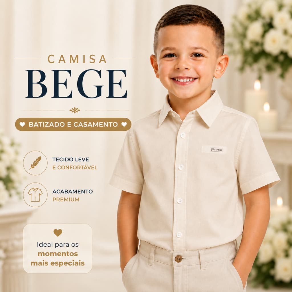 Camisa Social Infantil Bege Areia Manga Curta Festa Casamento Batizado Viscolinho
