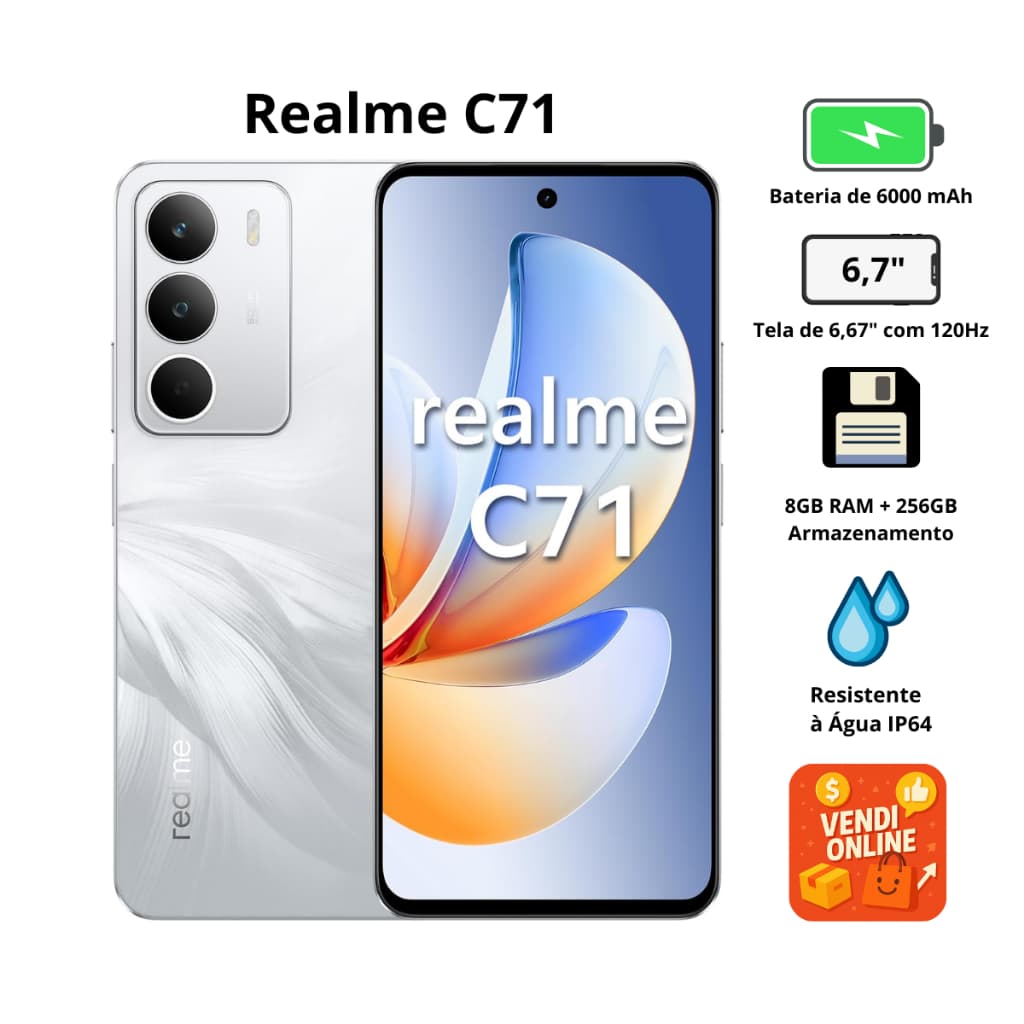 Smartphone Realme C71 | NFC | 128GB ou 256GB | 4GB ou 8GB RAM | Tela 120Hz | Câmera 50MP | Bateria 6300mAh