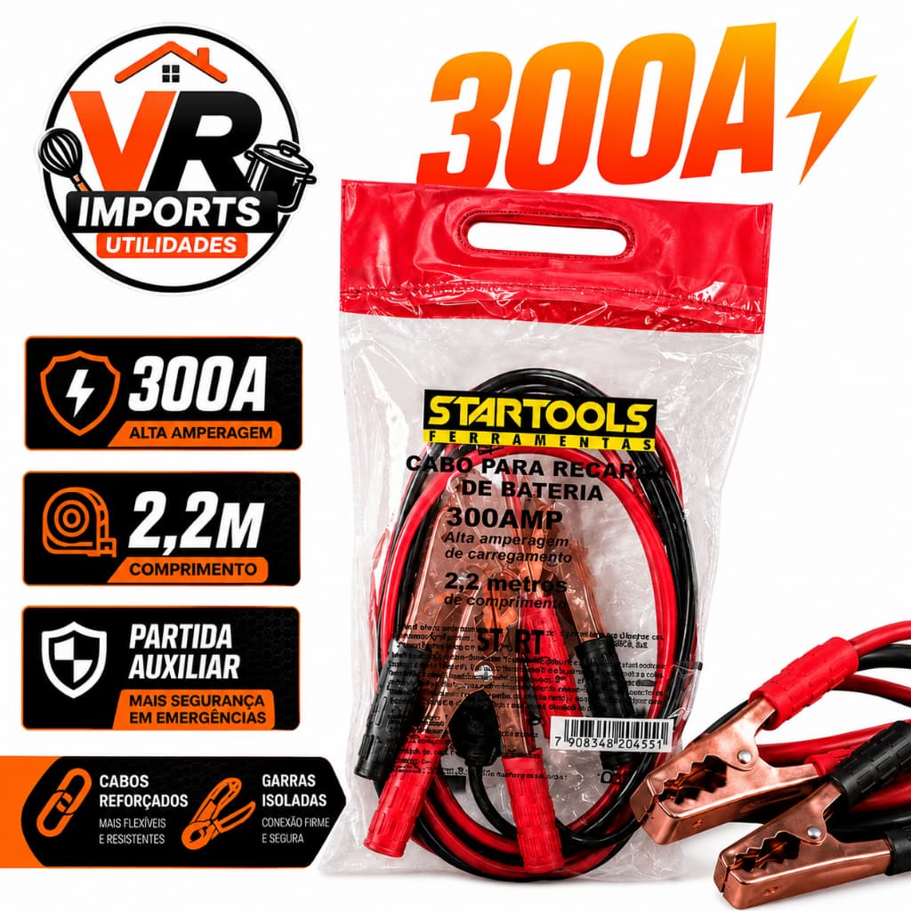 Kit Cabo Chupeta Bateria Automotiva 300A Reforçado 2,2 Metros Alta Resistência