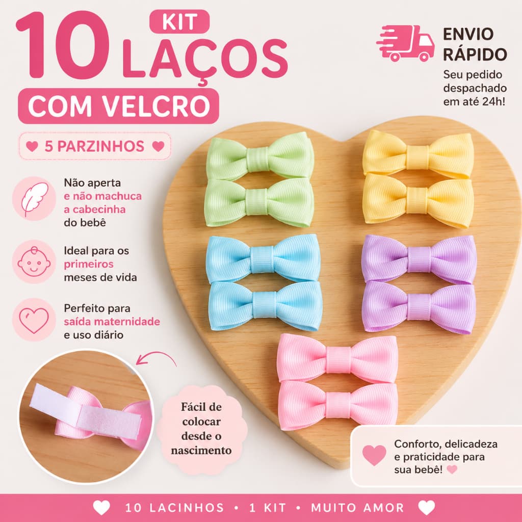 Kit com 10 ou 5 Laços PP 5cm no Velcro ou Presilha Forrada na Borrachinha Antideslizante Bebê Menina