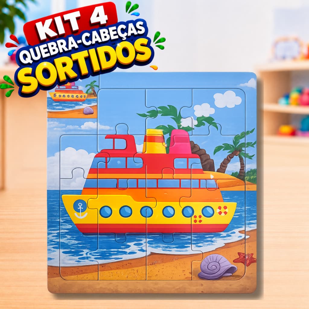Kit 4 Jogos Quebra Cabeça Infantil em Madeira 15 peças Pedagógico Montessori