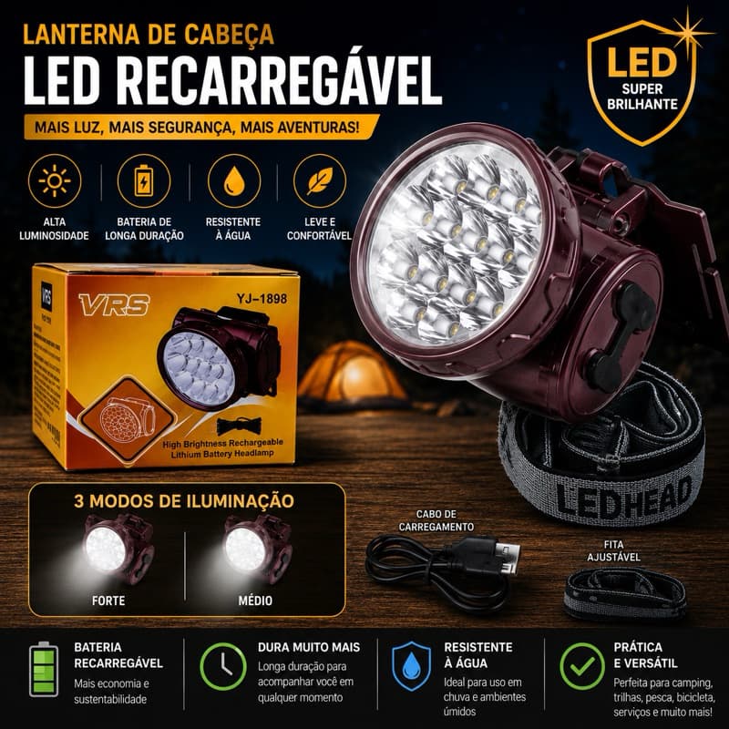 Lanterna de Cabeca Camping 13 Led Muito Forte Recarregavel Yj1898