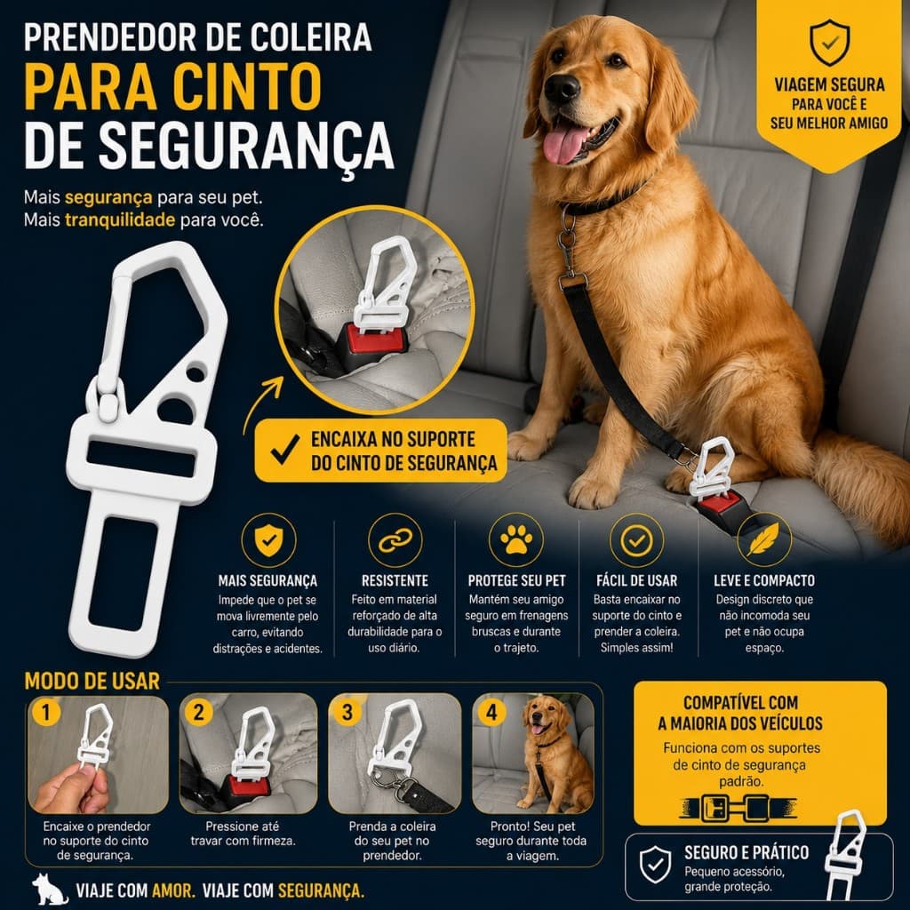 Prendedor de Coleira Pet para Cinto de Segurança Carro Cachorro Seguro Viagem
