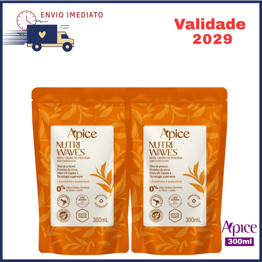 Kit 2x Refil Creme de Pentear Apice Nutri Waves Cacheado Vegano 300ml