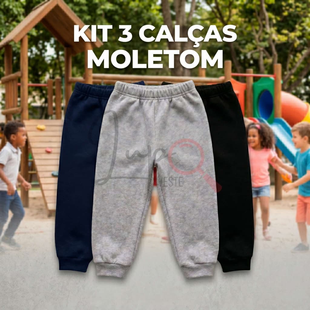 Kit 3 Calças de Moletom Infantil Unissex 4 ao 12 Anos Grossa Frio Unisex Flaneladas