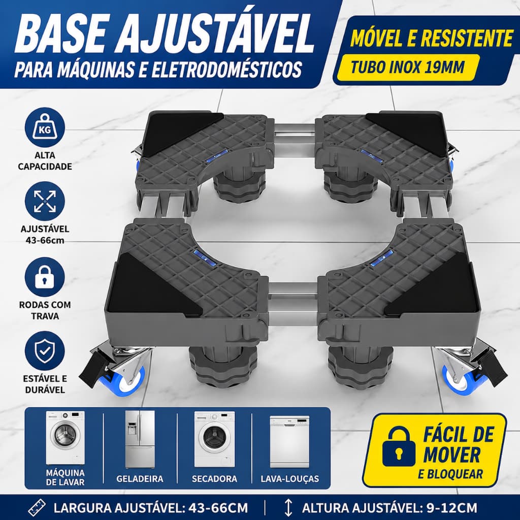 Base de Suporte com Rodas para Geladeira e Máquina de Lavar em Aço Inoxidável e Fogão, Carrinho Móvel Flexível