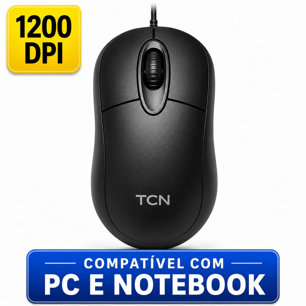 Mouse USB com Fio 1200 DPI Ergonômico Plug & Play para PC Notebook Windows e Linux