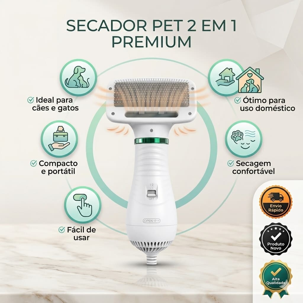 Secador Pet Escova Rasqueadeira Cachorro Gato Secadora 2 Em 1 Silencioso 110V