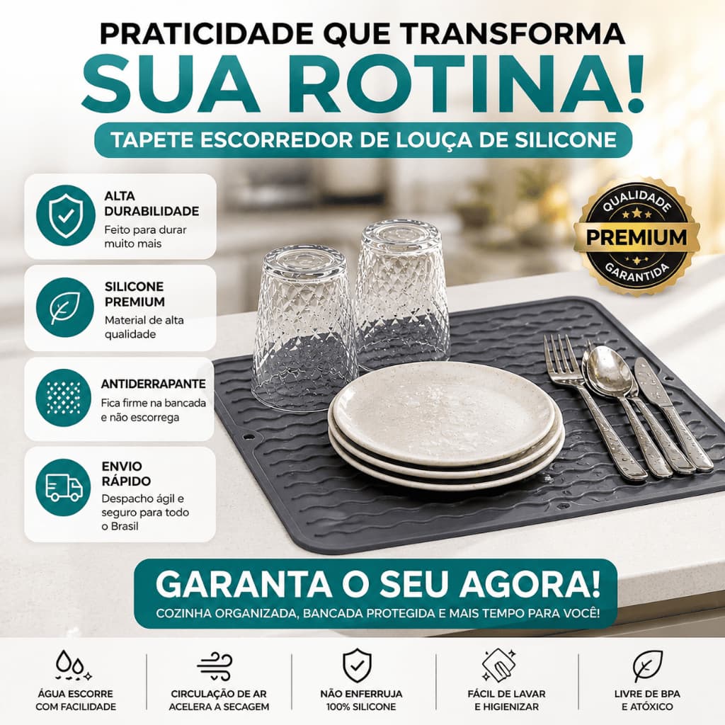 Tapete Escorredor de Louça Silicone Antiderrapante 40x30cm  para Copos, Pratos e Drinks