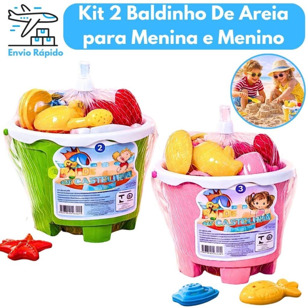 Kit 2 Baldinhos de Areia Infantil para Meninas E Meninos 6 Acessórios de Praia e Castelo