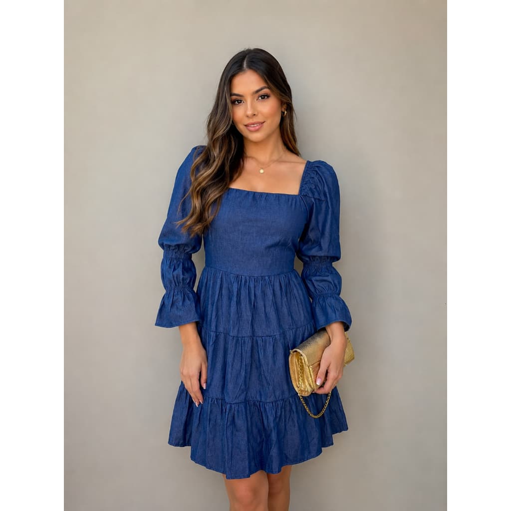 Vestido Jeans Feminino Manga Princesa - Tecido leve moda feminina tendencia 2026 jeans premium