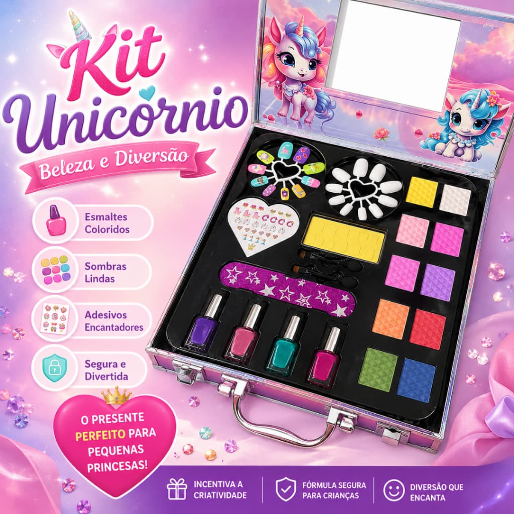 Kit Maquiagem Infantil Unicórnio Completo Maleta de Beleza com Esmalte Lavável Presente Menina