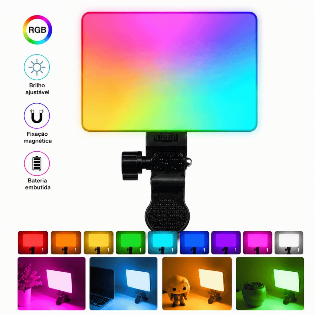 Iluminador RGB Magnético para Selfie e Streaming  Painel LED com Fixação em Superfície Magnética