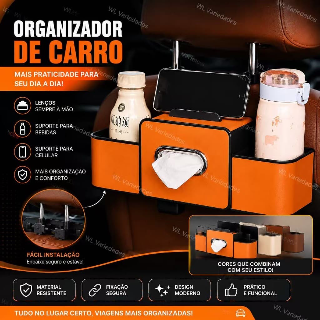Organizador de Carro Multifuncional com Porta Lenços e Suporte para Bebidas