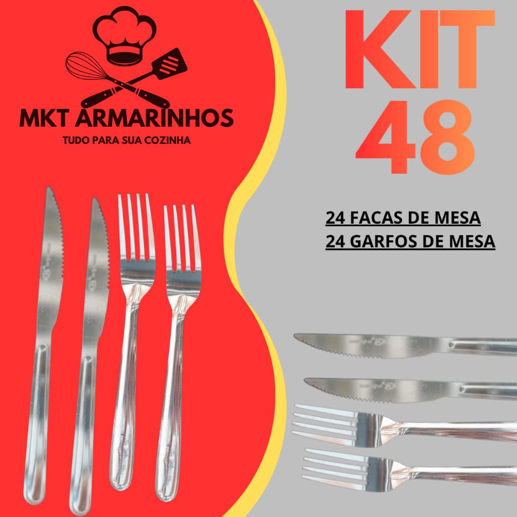 Kit 48 OU 24 Talheres De Mesa Facas + Garfos Aço Inoxidável Resistente Restaurante Cozinha Churrasco Mesa Utensílios