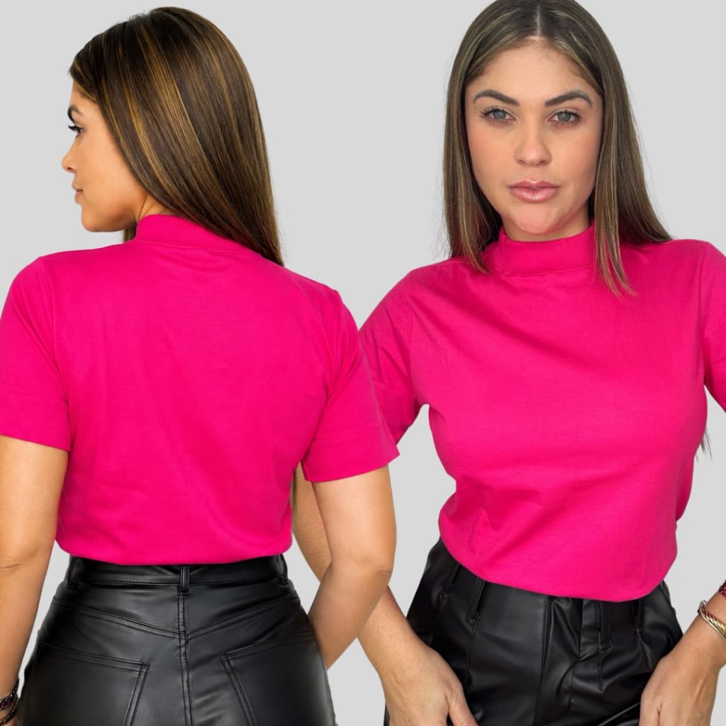 T-SHIRT GOLA ALTA FEMININA ELEGANTE, MENEGOTTI 100% ALGODAO.