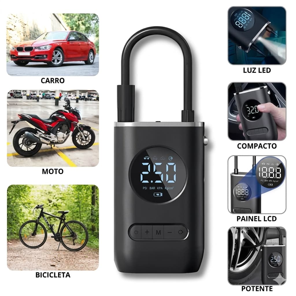 Mini Compressor de Ar Portátil USB - Inflação Precisa e Leve com Lanterna LED